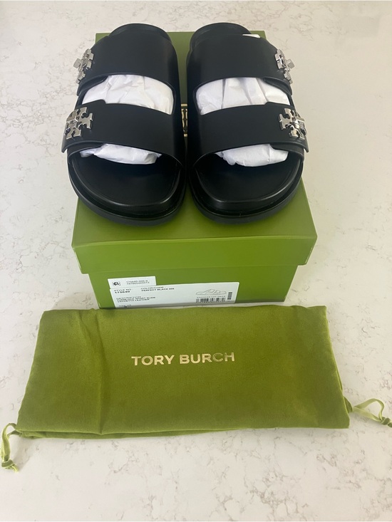 Tory Burch Shoes - Tory Burch Black Leather Double-Strap Logo Slide Sandals